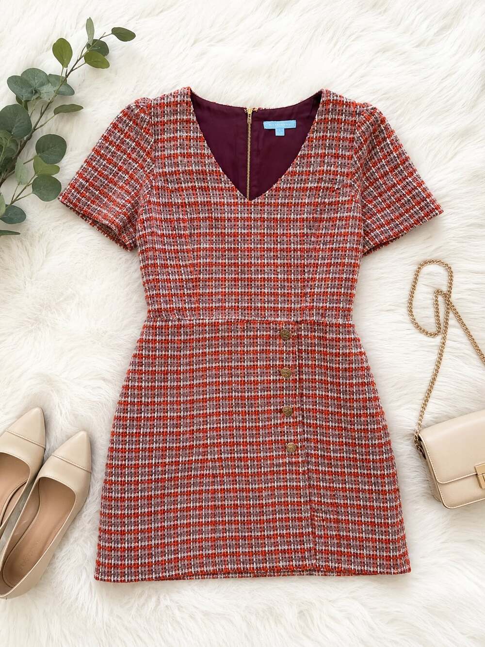 Draper James Red Tweed Short Sleeve V-Neck Mini Dress Size 8
